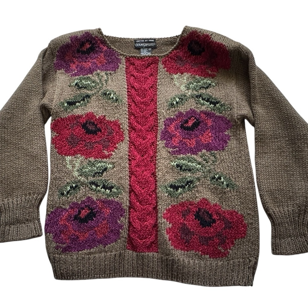 Vintage Counterparts Floral Knit Fall Winter Thick Retro 90s Sweater Size Medium - Picture 7 of 14